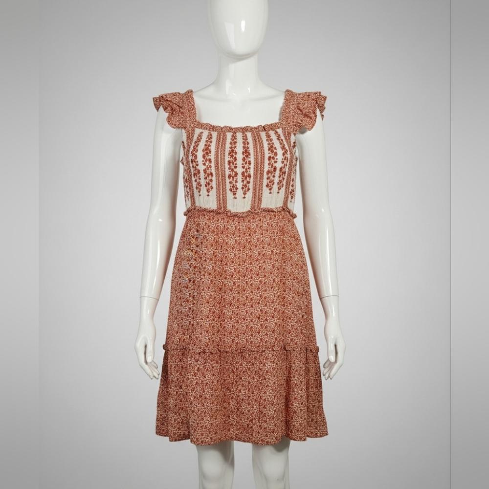 Rustic Floral Mini Dress with Ruffle Sleeves